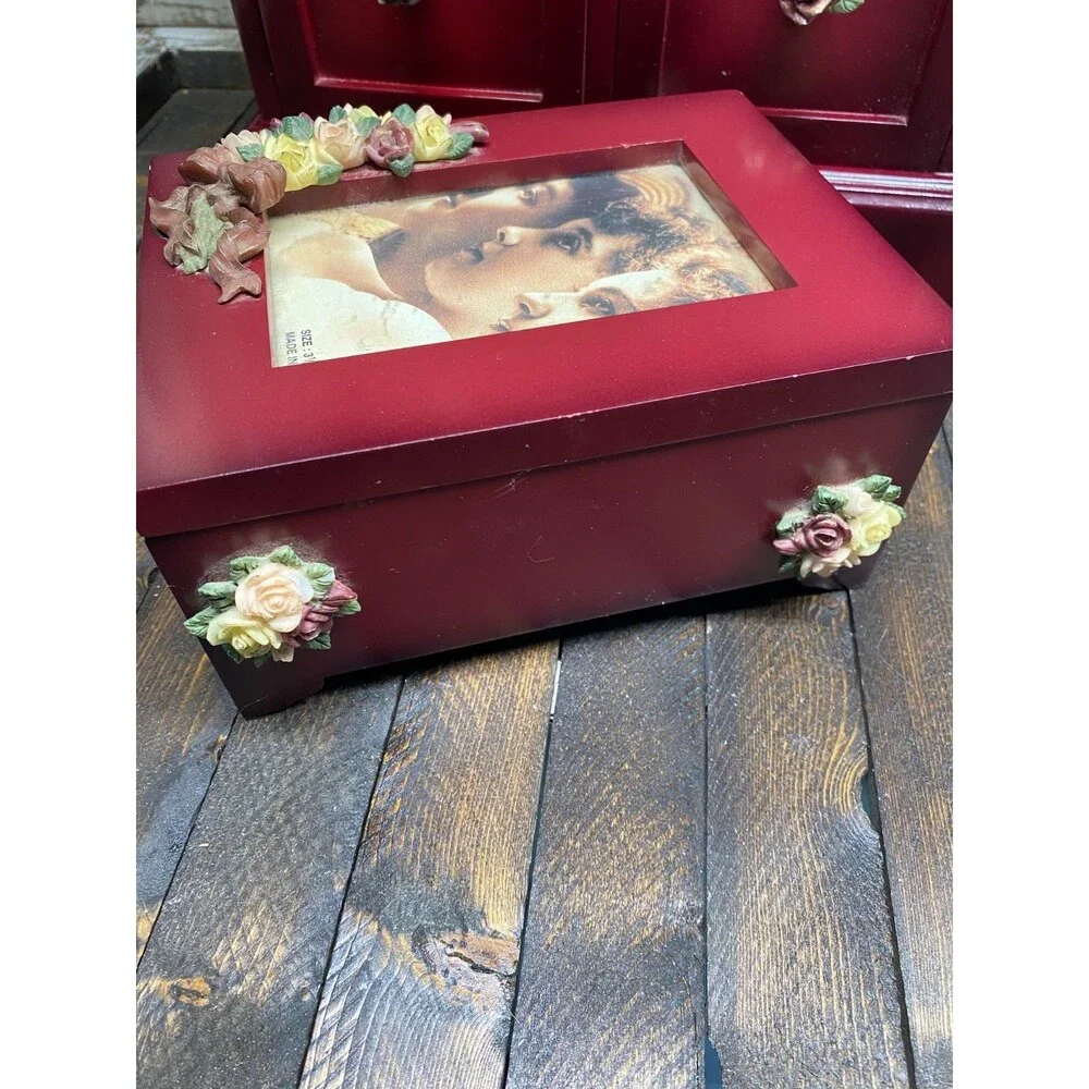 Set 2 Red Wood 4 Drawer Jewelry Chest With Resin Flowers And Trinket Photo Box